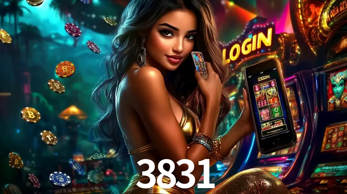 Mulher em um cenário de cassino temático de aventura, mostrando o app de caça-níqueis da 3831 no celular. Fichas de apostas flutuam ao redor.