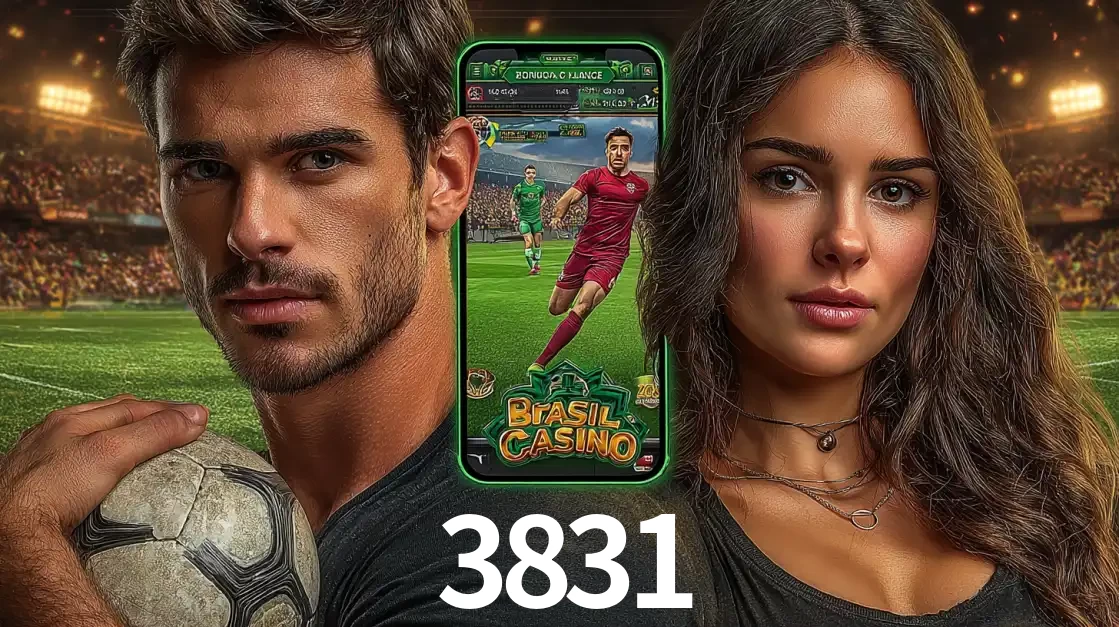 Homem segurando uma bola de futebol e uma mulher ao lado de um smartphone exibindo o jogo de apostas esportivas da 3831. Faça seu palpite no cassino online.